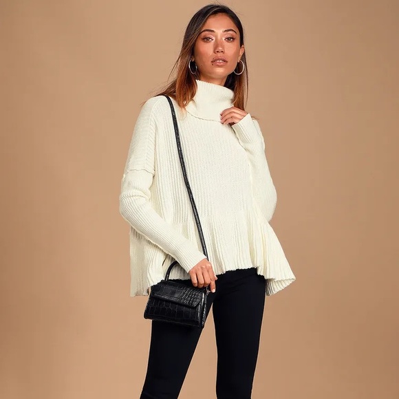 Free People Sweaters - Free People Layer Cake White Cowl Neck Thick Knit Peplum Sweater